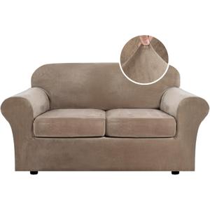 H.VERSAILTEX Real Velvet Plush 3 Piece Stretch Sofa Covers Couch Covers for 2 Cushion Couch Loveseat Covers Width Up to 72 Inch Feature Thick Soft Stay in Place (Medium Sofa, Camel) (2 Cushion Loveseat)