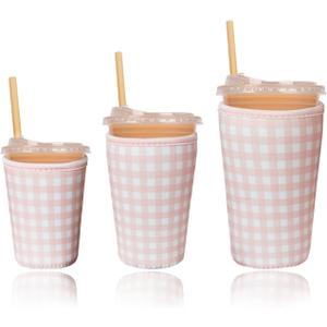 Reusable Insulated Sleeve for Iced Coffee Cup, 3-Pack Coffee Neoprene Drink Sleeve for Cold & Hot Drinks, Beverage Holder for Iced Coffee (Pink Gingham)