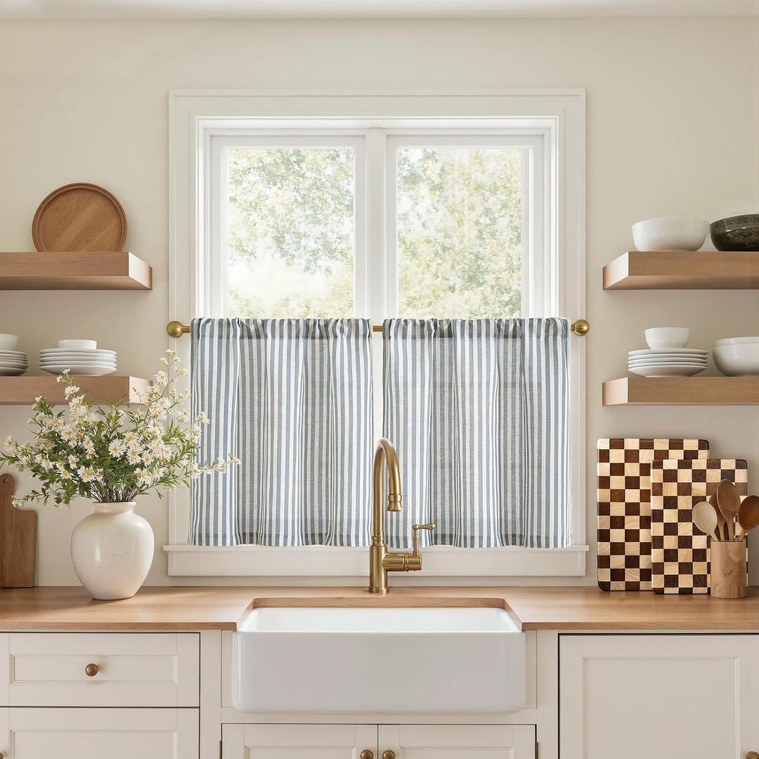 jinchan Striped Linen Kitchen Curtains 20 Inches Length Tier Curtains Farmhouse Modern Cafe Style Small Window Treatments Airy Light Filtering Rod Pocket for Living Room Bathroom 2 Panels, 26"W x 20"L (Pack of 2), Rod Pocket Striped Blue