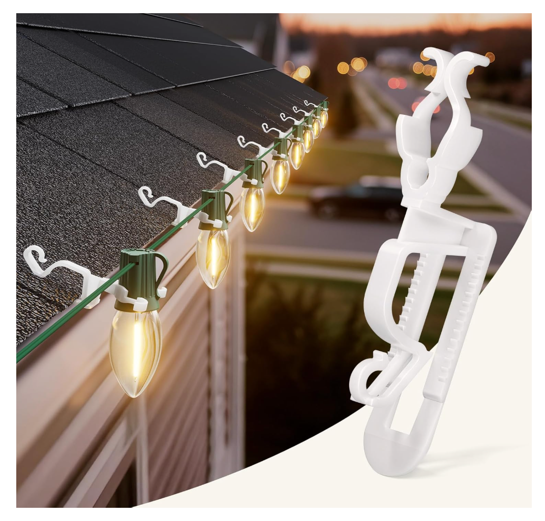 Universal Christmas Lights Clips, 100 Count All-in-One Gutter Clips for C7/E12, C9/E17 Lights, Mini String Lights, Rope Lights, Outdoor Christmas Decor