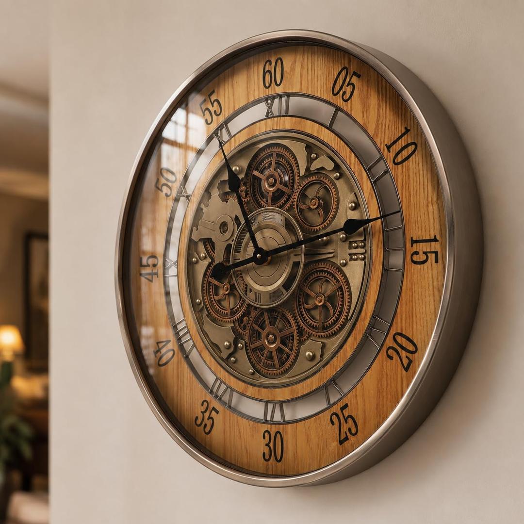 HOIBAI 24" Large Wall Clock with Natural Fired Wood & Metal
