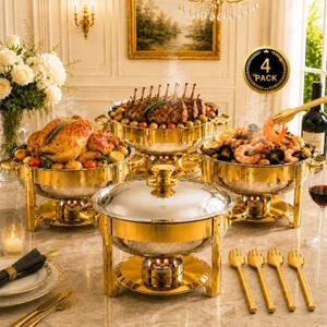 Chafing Dishes for Buffet, Cookriva 4 Pack 6QT Round Stainless Steel, Gold