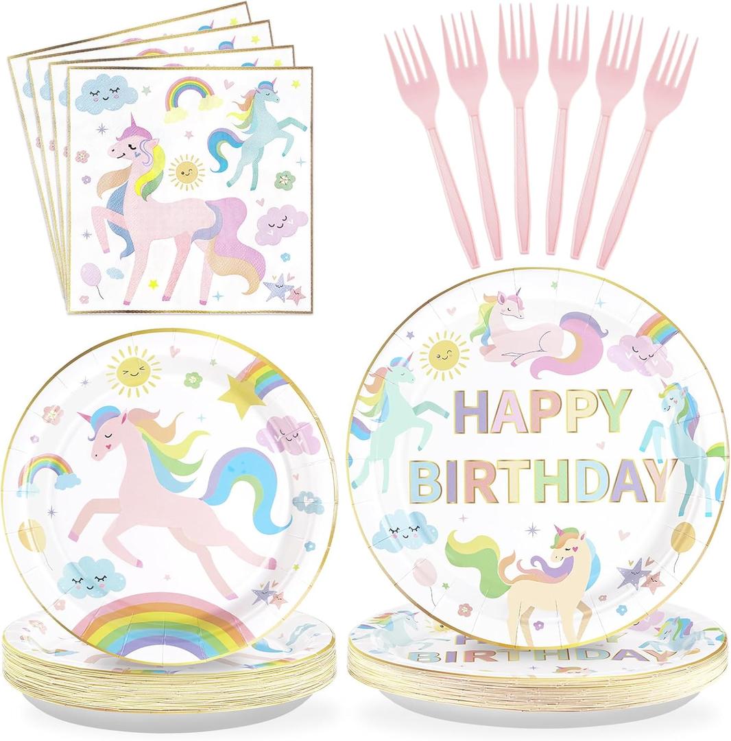 96Pcs Magical Pastel Unicorn Birthday Party Decorations 350 GSM Colorful Rainbow Unicorn Plates and Napkins Tableware Sets for Girls Baby Shower Birthday Party Supplies Serves 24