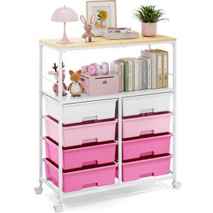 Rolling cart with 8 drawers,Storage drawer cart with wooden tabletop,Lockable wheels organizer for homeschool, arts & crafts, classroom, office & creative spaces (Pink)