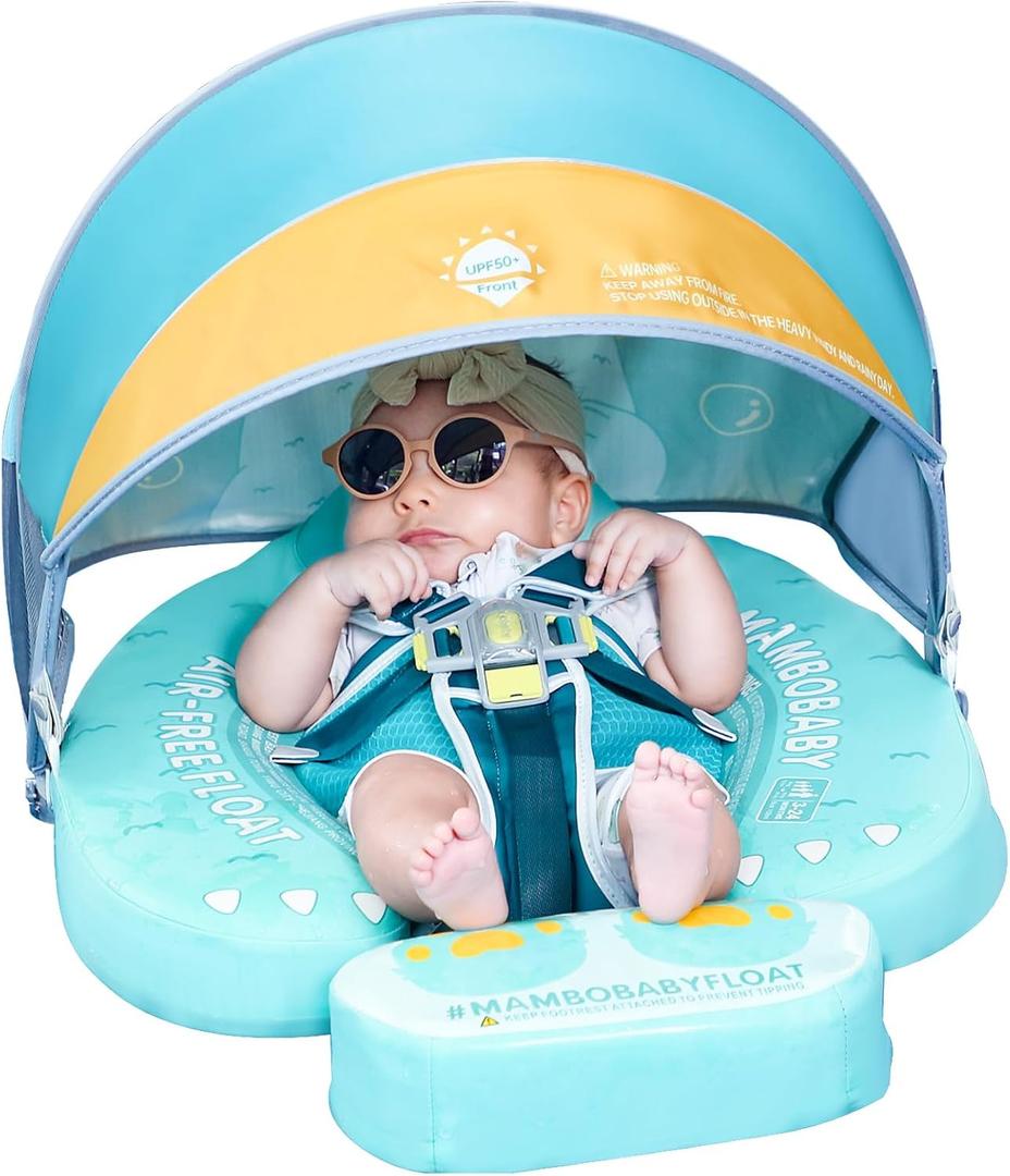 Mambobaby Float with Canopy UPF 50+ Sun Protection Add Tail Non-Inflatable Solid Baby Pool Swim Float Mambo Smart Swim Trainer Infant Float Swim Ring for Baby Aged 3-24 Months (Monster Green)