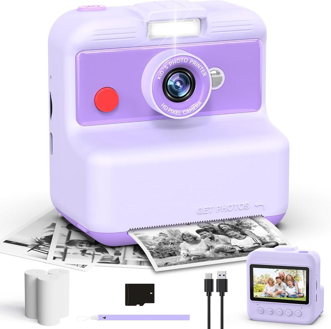Kids Camera Instant Print, 48MP/2.5K UHD Kids Instant Print Camera, Christmas Birthday Gifts for Girls and Boys, 3.0" Screen with Print Paper & 32G Card, Toddler Toy for Age 3-14 (Purple)