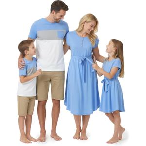 PATPAT Family Matching Outfits Short Sleeve Mommy and Me Outfits Belted Dresses and Casual T-Shirts Matching Sets 2 Packs (Blue, S)