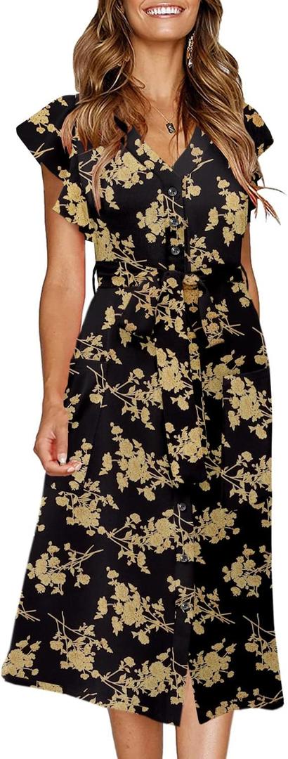 MITILLY Women's Boho Polka Dot Flutter Short Sleeve V Neck Button Down Swing Midi Dress with Pockets, Floral, XL