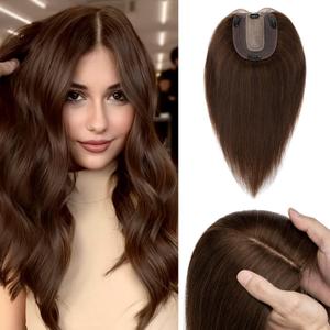Benehair 14 Inch Hair Toppers for Women Real Human Hair 130% Density 4"x4.7" Hand Made Silk Base Wiglets Hairpieces -Medium Brown #4