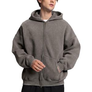 FAIABLE Mens Womens Double Zip Up Hoodie Oversized Acid Wash Heavyweight Fleece Cotton Zipper Hoodie Vintage (Medium, Grey)
