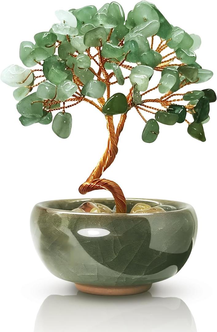 Green Aventurine Crystal Tree,Harmony Office Desk Home Decor,Vitality Gift with Copper Wire in Ceramic Base