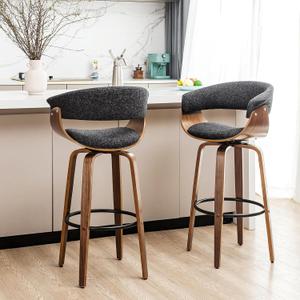 Glitzhome Bar Stools Set of 2, 29.5 Swivel Barstools with Curved Back, Bar Height Stools Bar Chairs with Backrest, Footrest, Solid Bentwood Frame, Black