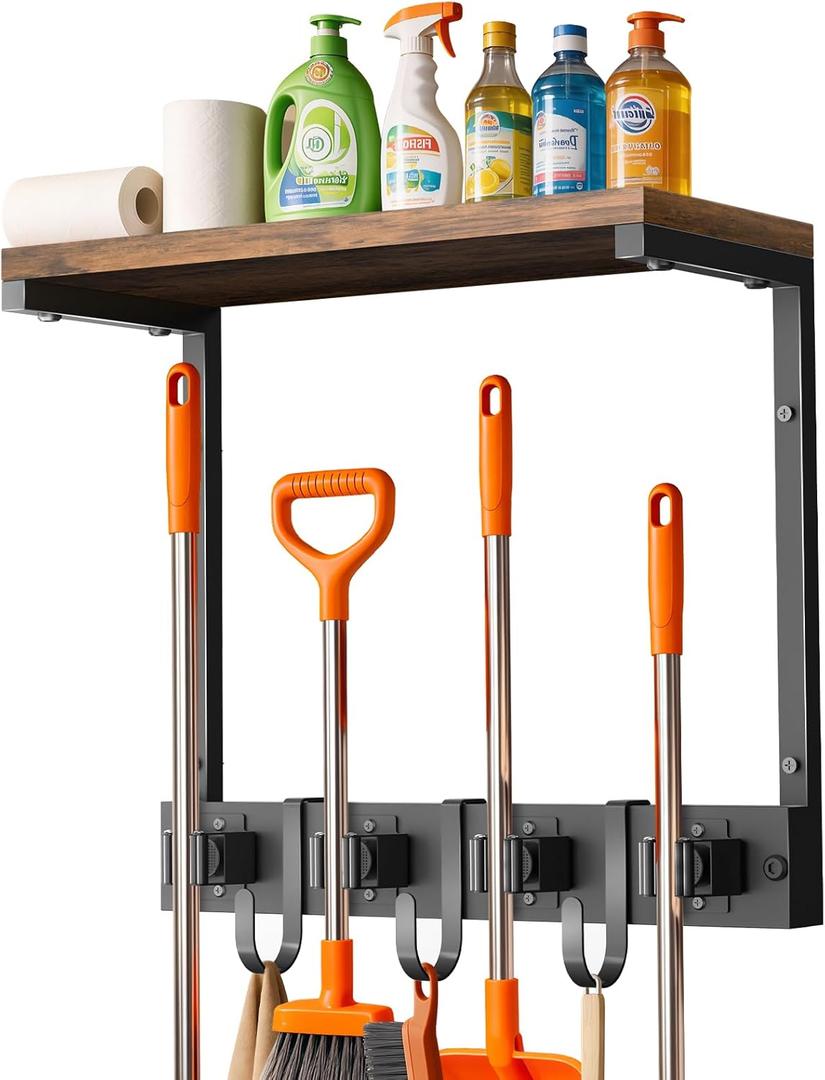 Supforce Broom Holder Wall Mount with Top Wooden Shelf, Heavy Duty Metal Cleaning Supplies Broom Hanger with 4 Slots & 3 Hooks for Laundry Garage Tool Storage Kitchen (Small)
