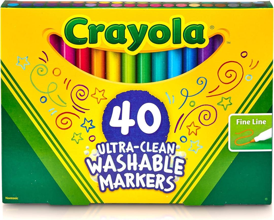Crayola Ultra Clean Fine Line Washable Markers (40ct), Colored Markers for Kids, Fine Tip, Coloring Book Art Supplies, Gifts for Kids, Ages 3, 4, 5 (40 Count (Pack of 1))