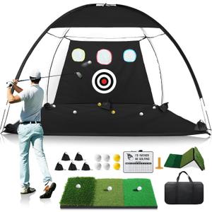 Golf Net, 10x7FT All-in-1 Home Golf Hitting Aid Set with Foldable Tri-Turf Practice Mat for Backyard Driving Chipping Swing Training with Scoreboard/Target/Balls, Gifts for Him Dad and Men Golfer
