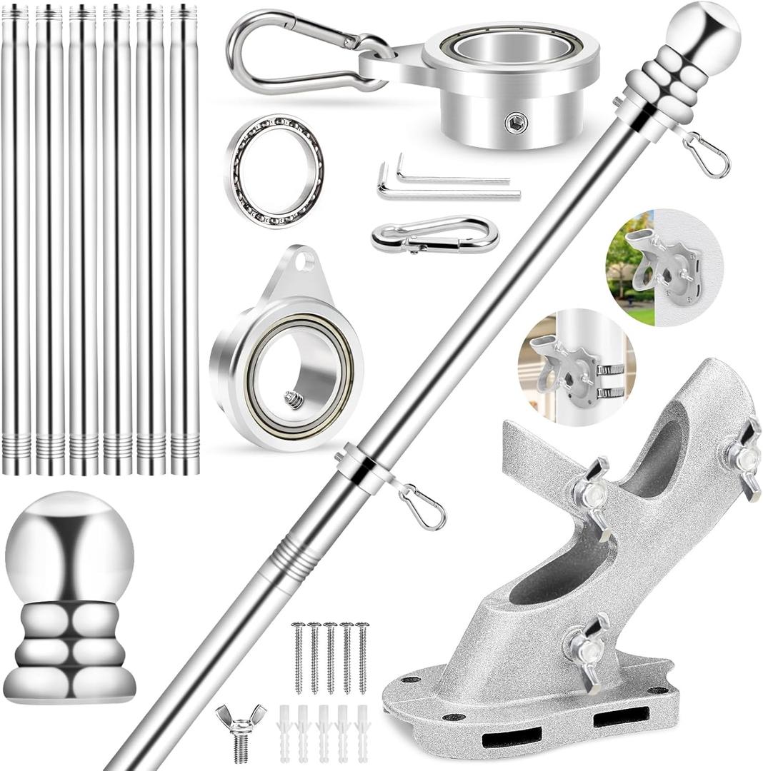 REERON No Tangle Flag Pole Kit, 7 FT Stainless Steel Flagpole, 1" Porch Flagpole with 2-Position Bracket, 360 Anti-wrap Flag Pole Bearing Rings for Outside House Outdoor Sport for American Flags