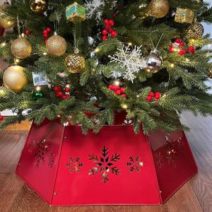 28" Christmas Tree Collar for Pencil Tree, Metal Tree Collar with Hollow-Out Snowflake Design, Pet-Proof Christmas Tree Collars for Artificial Trees, Secure & Reusable Holiday Decor (Red)