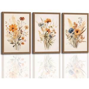 3Pcs Vintage Wildflower Framed Canvas Wall Art Rustic Botanical Floral Pictures Prints for Living Room Bedroom Bathroom Retro Boho Wall Decor for Home Aesthetic 12x16 inch Ready to Hang