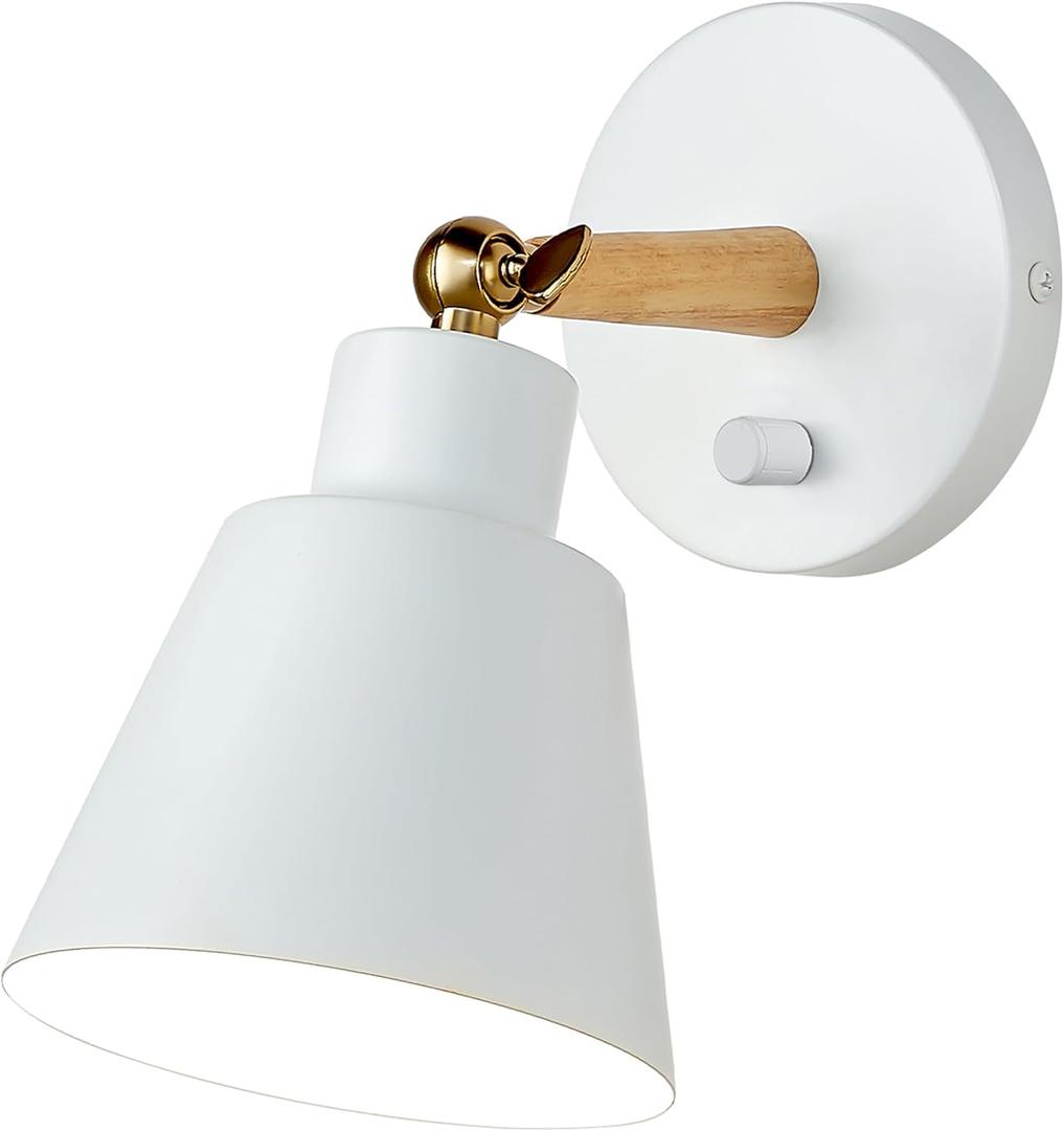ClanKin White Wall Sconces Lighting Fixture, Nordic Wooden Bedside Wall lamp with On-Off Switch for Industrial Bedroom, Bathroom Sink Lighting for Hallway Living Room(1Pack with On-Off Swtich)