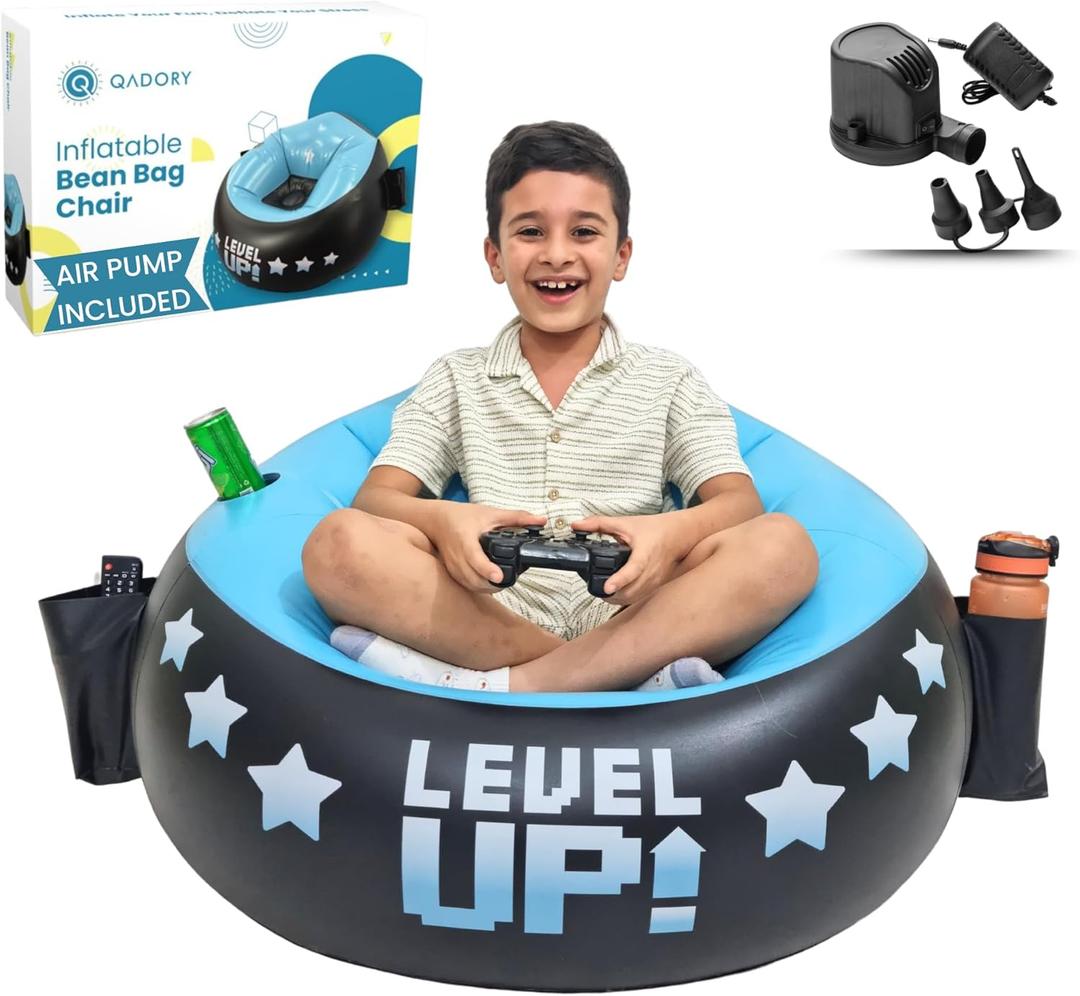 Inflatable Gaming Chair for Kids  Supports Up to 300 lbs, Includes Air Pump, Cup Holder, 2 Pockets  Durable Gaming Bean Bag Seat, Comfy Kid Bean Bag Chair & Top Bean Bag Chairs for Kids (Aqua)