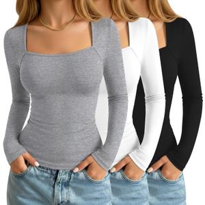 3 Pack Women's Square Neck Long Sleeve Tops, Double Lined Slim Fit Shirts Basic Trendy Going Out T Shirts Small