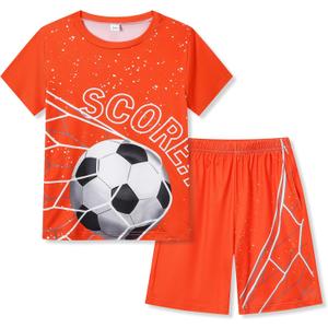 Ayzozuy Tween Boys' 2-Piece Soccer Graphic Outfit Set Summer Casual Crewneck T-Shirt & Shorts Sizes 8-14 (Orange)