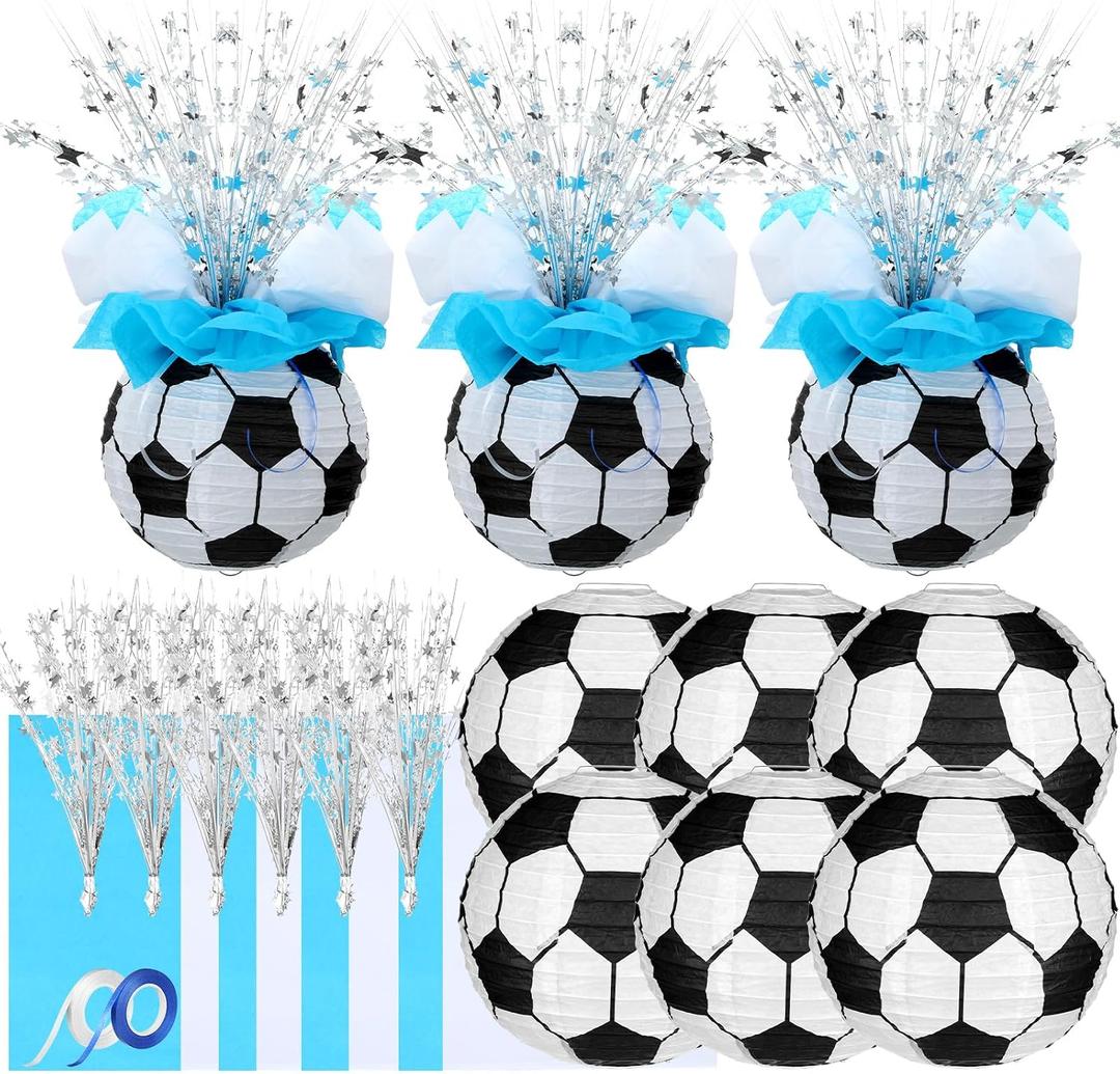 Rossesay 26 Pieces Soccer Ball Lantern Centerpieces Decorations Soccer Centerpieces Supplies with Metallic Foil Spray Centerpiece Wrapping Paper and Ribbons for Soccer Birthday Party Decorations