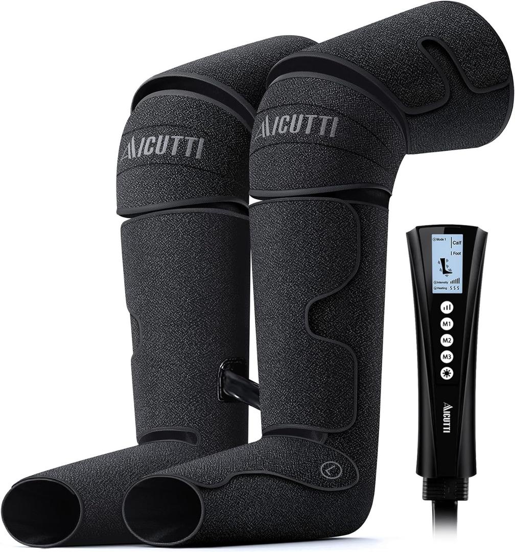 Air Compression Leg Massager with Heat - Circulation Booster for Foot, Calf, Knee & Thigh Pain Relief - Gifts for Women, Men, Dad, & Mom for Mother's Day, Father's Day, Birthdays & Christmas (Black)