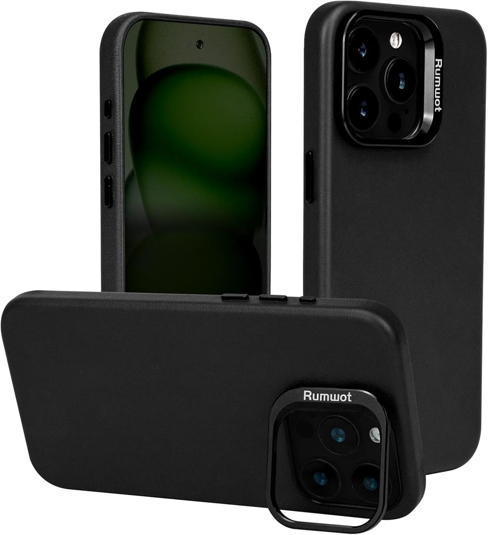 Black Genuine Leather Case for iPhone 15 Pro Max with Hidden Stand, Multifunctional Slim Fit Unique Designer Phone Protective Cover Compatible with MagSafe for Men Women