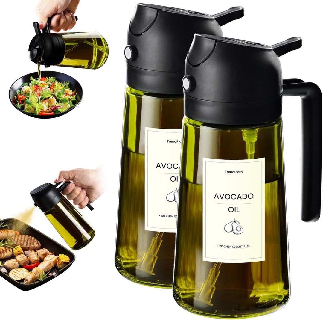 TrendPlain - Original 16oz/ 470ml Olive Oil Dispenser Bottle for Kitchen Gadgets and Air Fryer Accessories - Olive Oil Sprayer for Cooking w/ Stickers - 2 Black