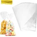 Leislam Cellophane Treat Bags, 100 PCS Clear Cellophane Bags, Plastic Cello Candy Cookies Goodie Gift Bag with 100 PCS Gold Twist Ties for Graduation Spring Birthday Party Favors Supplies 5x11 Inch