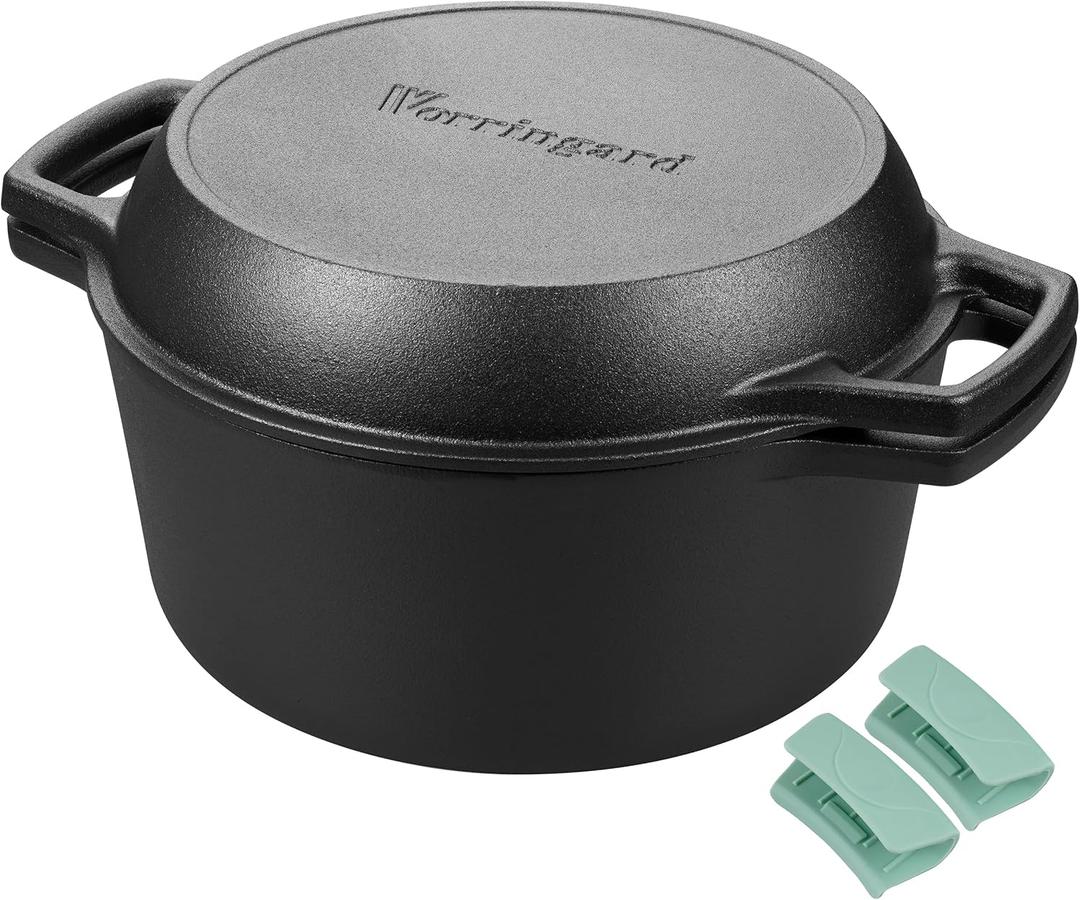 VORRINGARD Pre-seasoned Cast Iron Double Dutch Oven Pot with Skillet Lid, Dual-handle, for Bread Baking, Outdoor, Campfire Cooking, 5 Quart