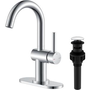 KENES Polished Chrome Bathroom Faucets Single Handle Modern Prep Wet Bar Sink Faucets Bathroom Sink Faucet with Drain Assembly & Deck Plate, Farmhouse RV Camper Outdoor Utility Faucet, KE-9005B-5 (Short)