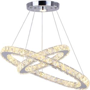 LED Chandelier Modern Contemporary 2 Rings Pendant Light Adjustable Stainless Steel Crystal Ceiling Lighting Fixture for Bedroom Living Room Dining Room (Warm White), 19.7" x 11.8"