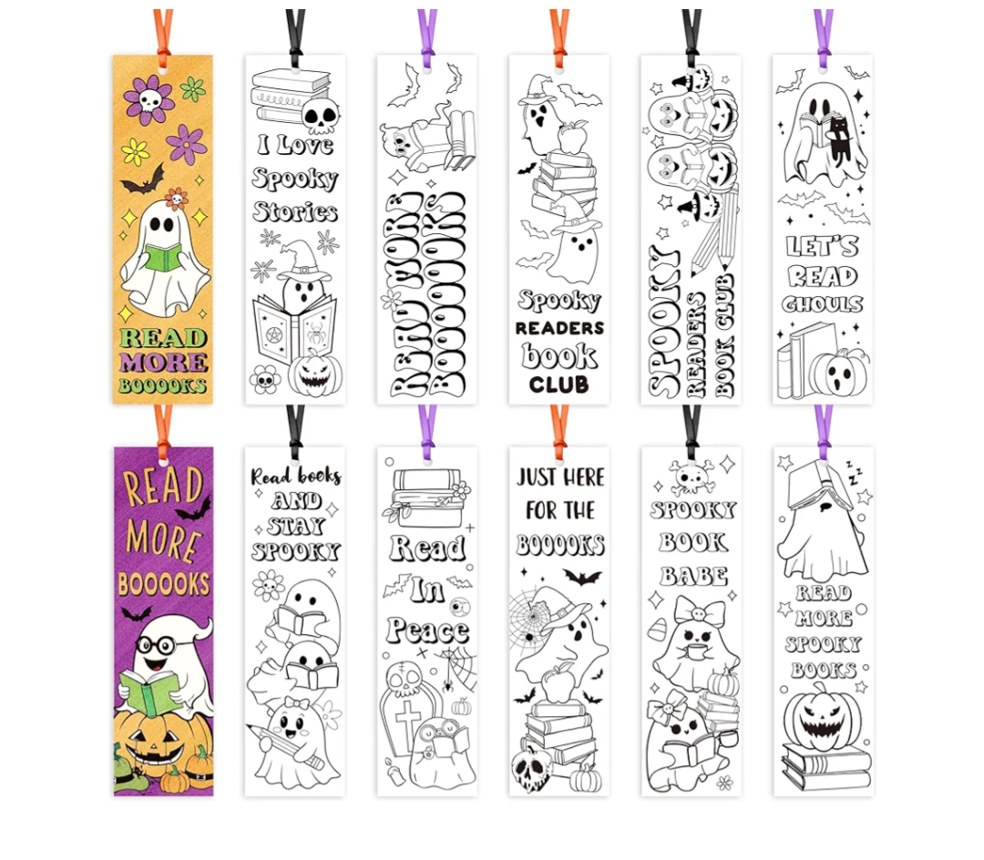SULOLI 75 Pcs Halloween Color Your Own Bookmarks, Kids DIY Coloring Blank Bookmarks for Teacher Student Halloween Trick or Treat Party Reward Goodie Fillers