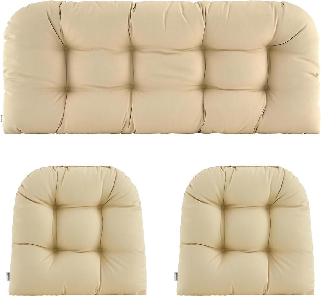 Wicker Chair Cushions of 3 Pieces Waterproof Tufted Outdoor Seat Cushions for Patio Furniture Sofa Settee Couch,1 Loveseat and 2 U-Shaped Cushions,Beige