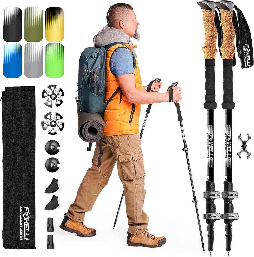 Foxelli Trekking Poles – Lightweight Collapsible Aircraft Grade Aluminum Hiking Poles with Cork Grips Quick Locks & All-Terrain Accessories – Pair of 2 (Black)