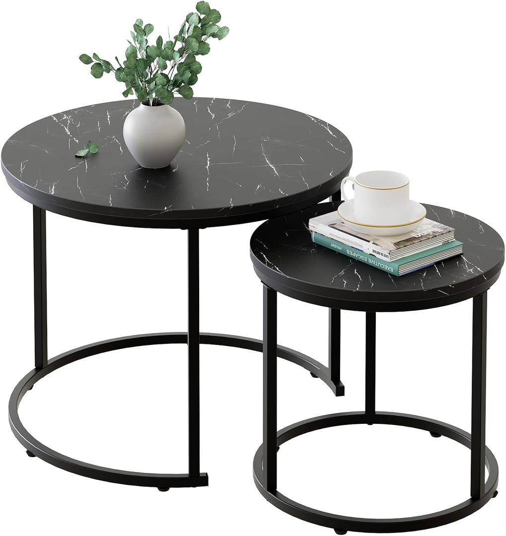 aboxoo Round Nesting Coffee Table Side Set of 2 End Tables for Living Room Bedroom Balcony,Black Faux Marble Wooden Table 23.6IN Accent Large Coffee Table with Steel Frame, Round, 23.6-inch Diameter, 17.7-inch Height