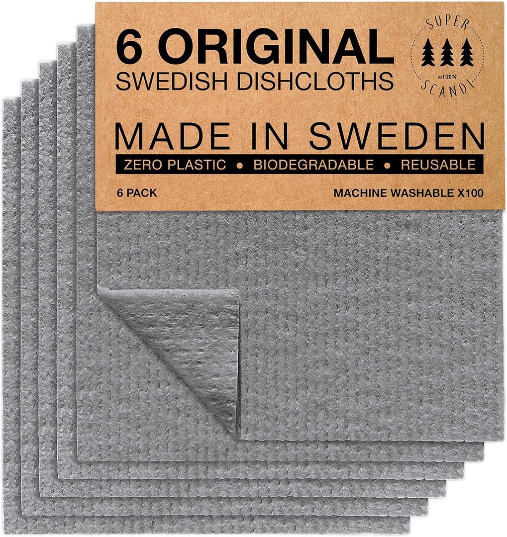 SUPERSCANDI Pack of 6 Swedish Dishcloths for Kitchen - 100% Biodegradable & Compostable Reusable Paper Towels Washable, Food-Safe & Without Plastic - Dish Rags Suitable for Any Surface, Grey