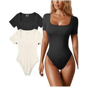 OQQ Women's 2 Piece Bodysuits Sexy Ribbed One Piece Square Neck Short Sleeve Bodysuits , Extra Large , Black /White 