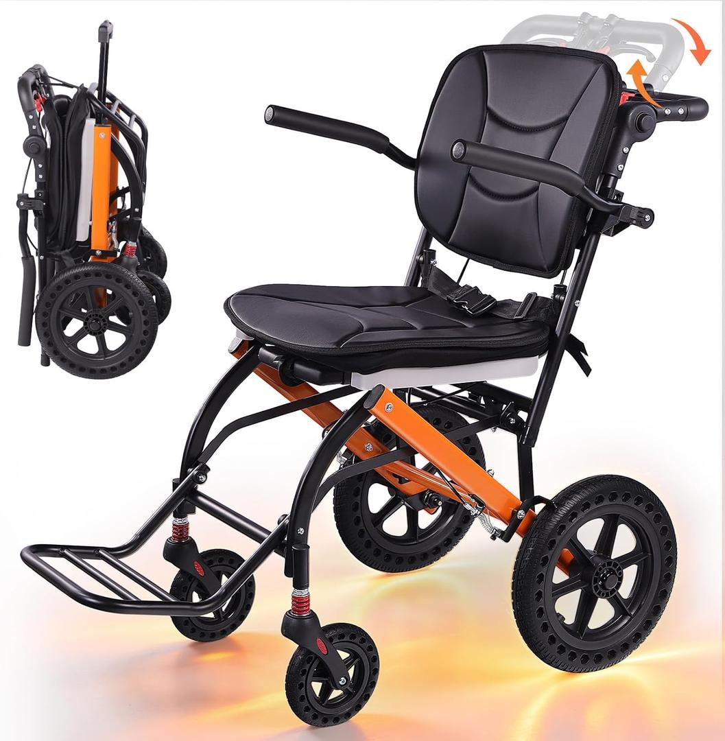 Premium Lightweight Transport Wheelchair for Seniors & Adults, Ergonomic Folding Travel Wheelchair with Adjustable Caregiver Handle, 22" Narrow Doorway Design, Portable Mobility Chair Supports 320 lbs