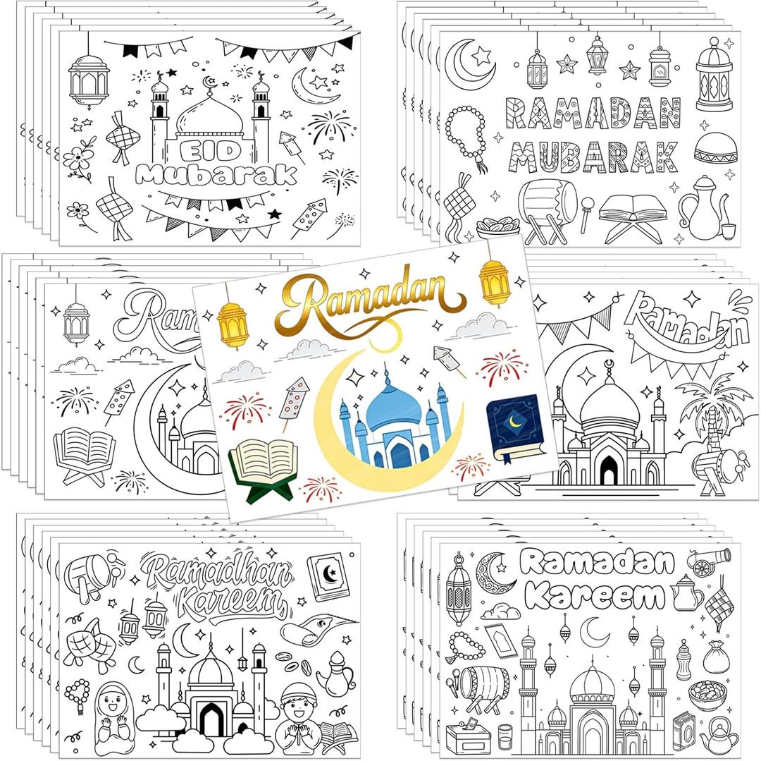 30Pcs Eid Mubarak Coloring Placemats Ramadan Mubarak Disposable Table Mat Coloring Activity Paper Mat for Muslim Ramadan Holiday Party Home Kitchen Dining Table Decor
