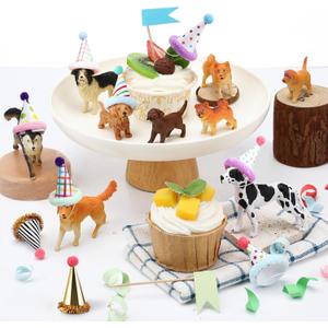 18 Pcs Dog Birthday Party Decorations Mini Birthday Hat Animal Figure Model Cake Toppers with Mini Hat for Birthday Party, Animals Themed Party