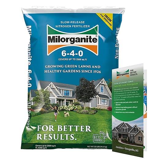 Milorganite All-Purpose Eco-Friendly Slow-Release Nitrogen 6-4-0 Fertilizer, 32 Pound Bag - for Lawns, Flowers, and Gardens