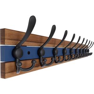 SKOLOO Rustic Wall Mounted Coat Rack - 38-1/8" Long Coat Hooks for Wall with 10 Triple Hooks for Hanging Coats, Hats or Tools, Western National Parks Collection, Wood Brown & Blue