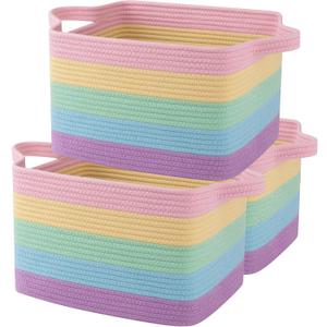 OIAHOMY Storage Basket, Woven Baskets for Storage, Cotton Rope Basket for toys,Towel Baskets for Bathroom - Pack of 3, Rainbow Pastel (3 pcs-13x9.9x8.7)