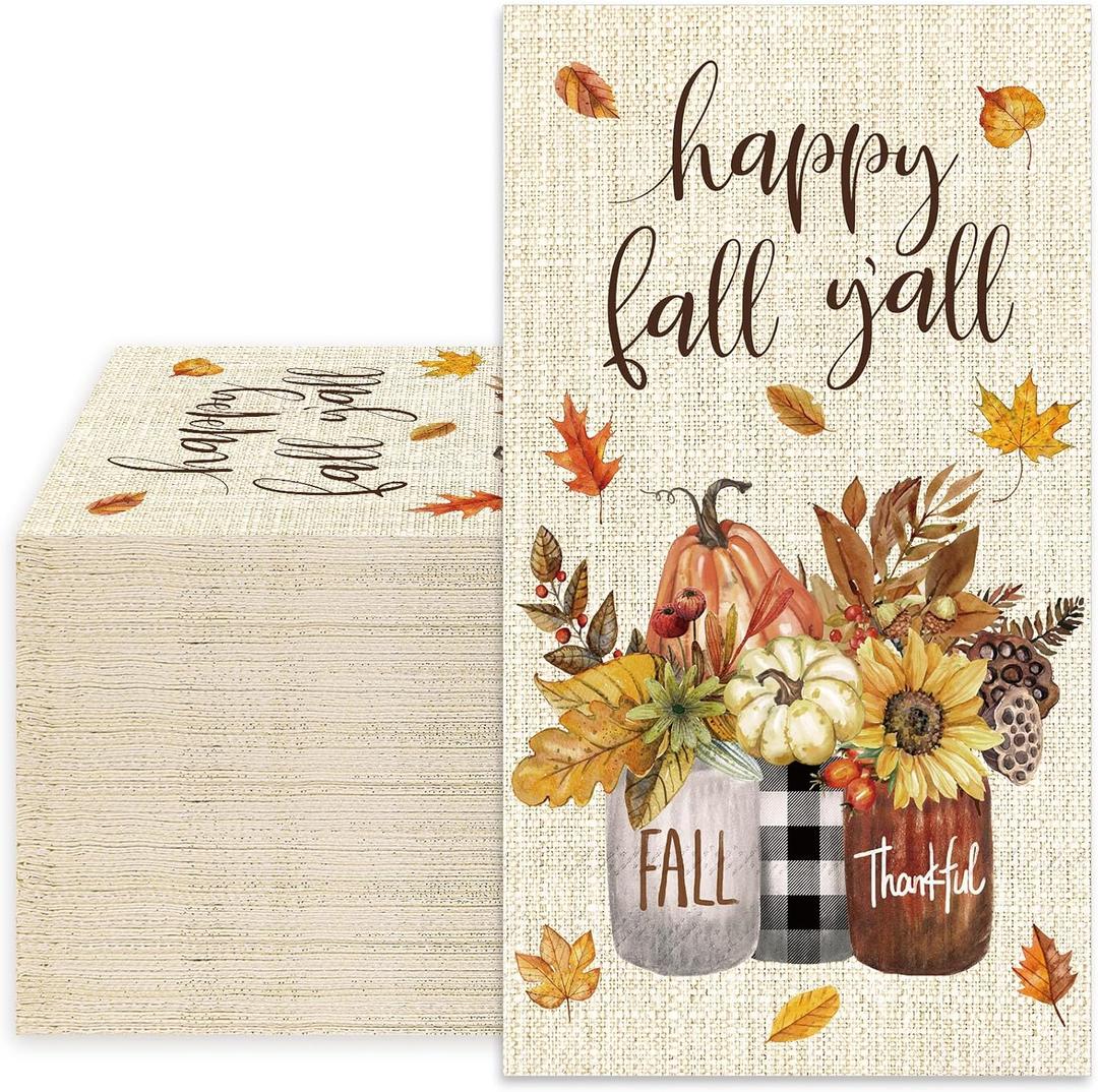 Whaline 80Pcs Fall Guest Paper Napkins Hello Fall Pumpkin Leaves Floral 3 Ply Disposable Napkins Autumn Rustic Dinner Hand Towels for Harvest Thanksgiving Party Table Decor
