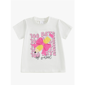 Little Girls 100 Days of School Shirt Toddler Kids Cute Short Sleeve Pencil Bow Print Tee Tops 8Y-9Y