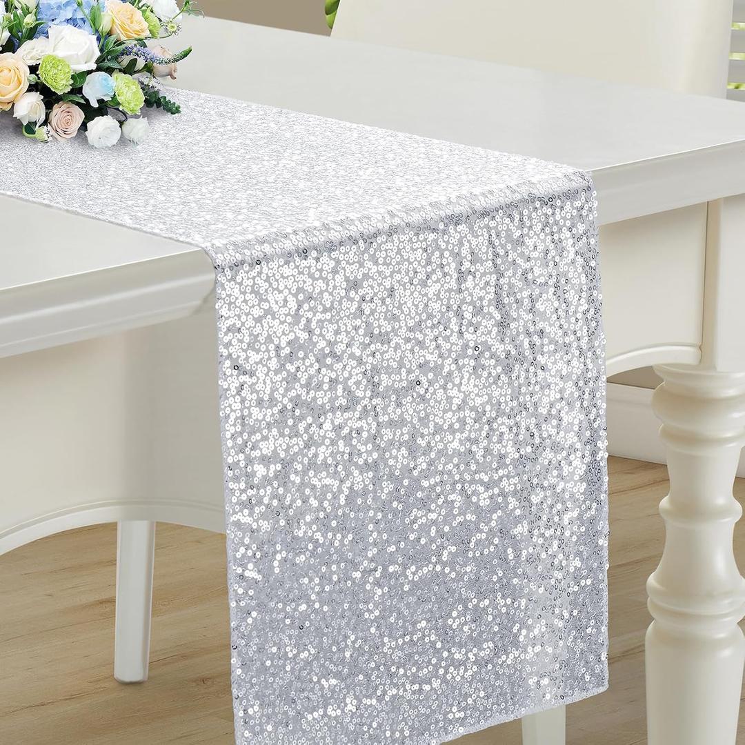 RUDONG M 1 Pack Silver Sequin Table Runner 12 x 108 Inch, Rectangle Glitter Table Runner Dining Table Centerpiece Decorations for Weddings, Banquet, Holiday, Birthday Party