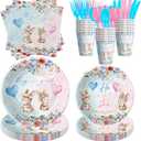 Bunny Gender Reveal Party Decorations Tableware, He or She Bunny Gender Reveal Party Supplies, Rabbit Theme Boy or Girl Paper Plates, Cup, Napkin, Disposable Cutlery, Serves 24